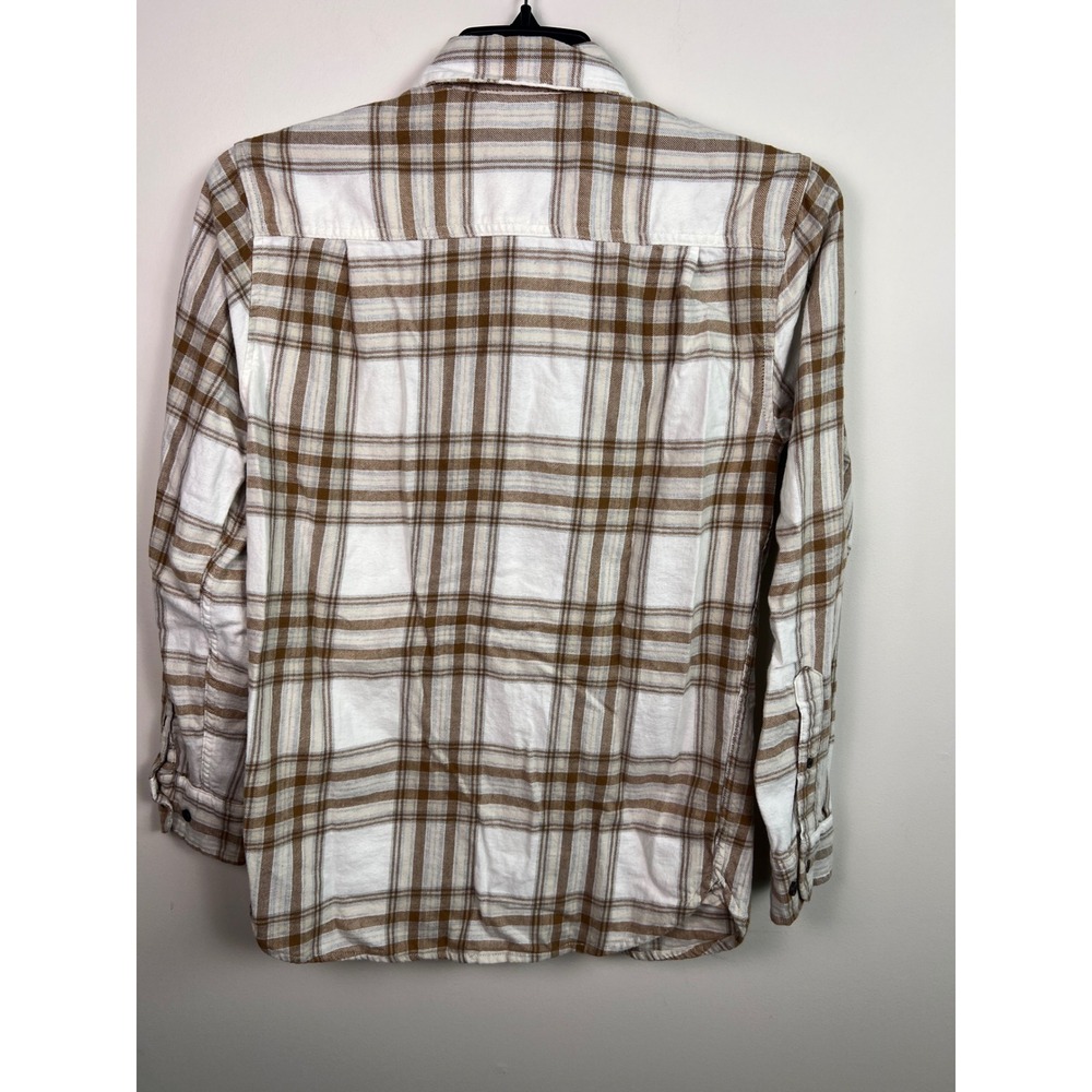 Mutual Weave Plaid Flannel Shirt White Brown Long Sleeve Button Up Size Small - Picture 4 of 9